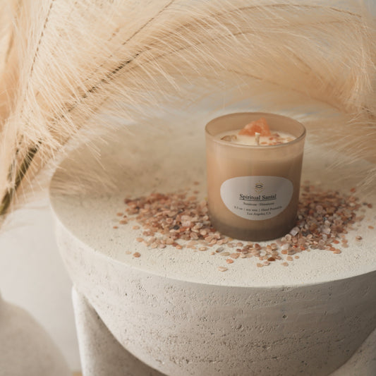 Spiritual Santal Intention Candle: Himalayan + Sunstone Crystals