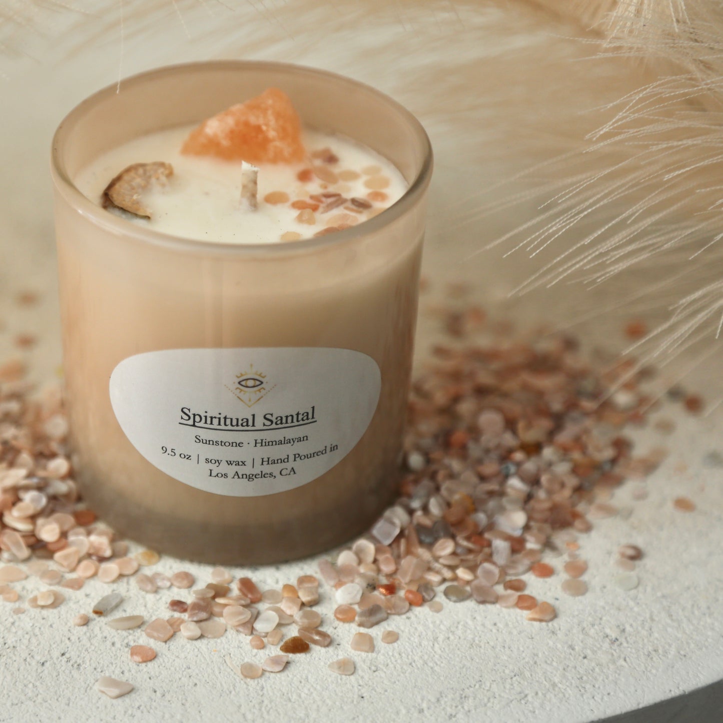 Spiritual Santal Intention Candle: Himalayan + Sunstone Crystals