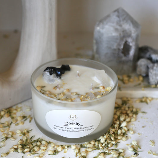 Divinity Intention Candle: Moonstone + Crystal Quartz