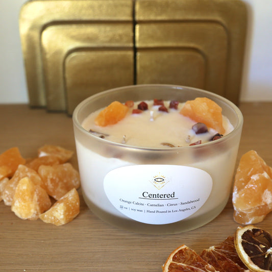 Centered Intention Candle: Orange Calcite + Carnelian Crystals