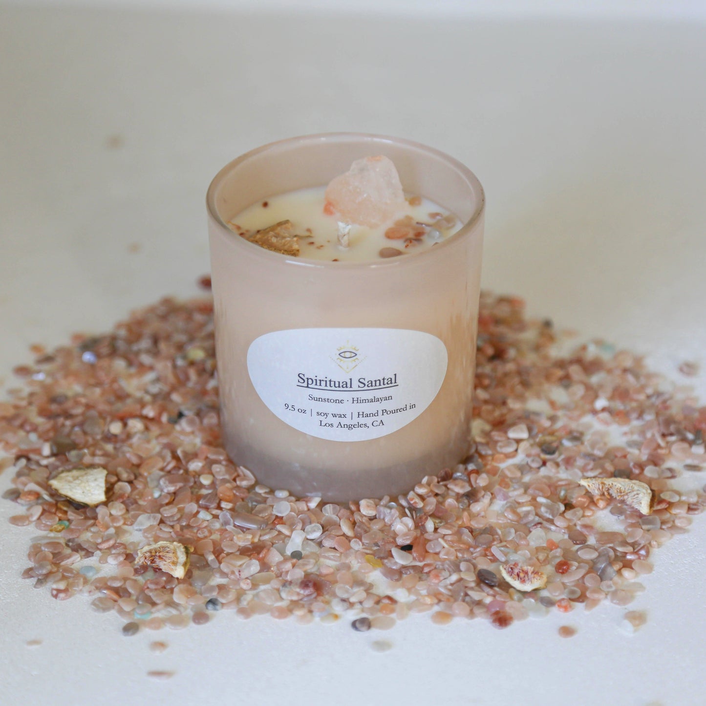 Spiritual Santal Intention Candle: Himalayan + Sunstone Crystals