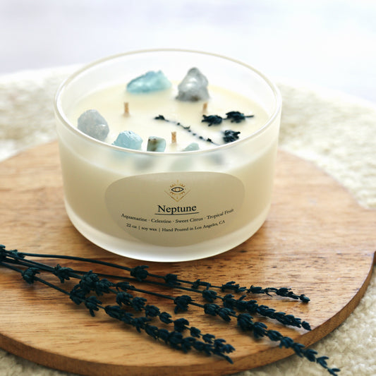 Neptune Intention Candle: Aquamarine + Celestine Crystals