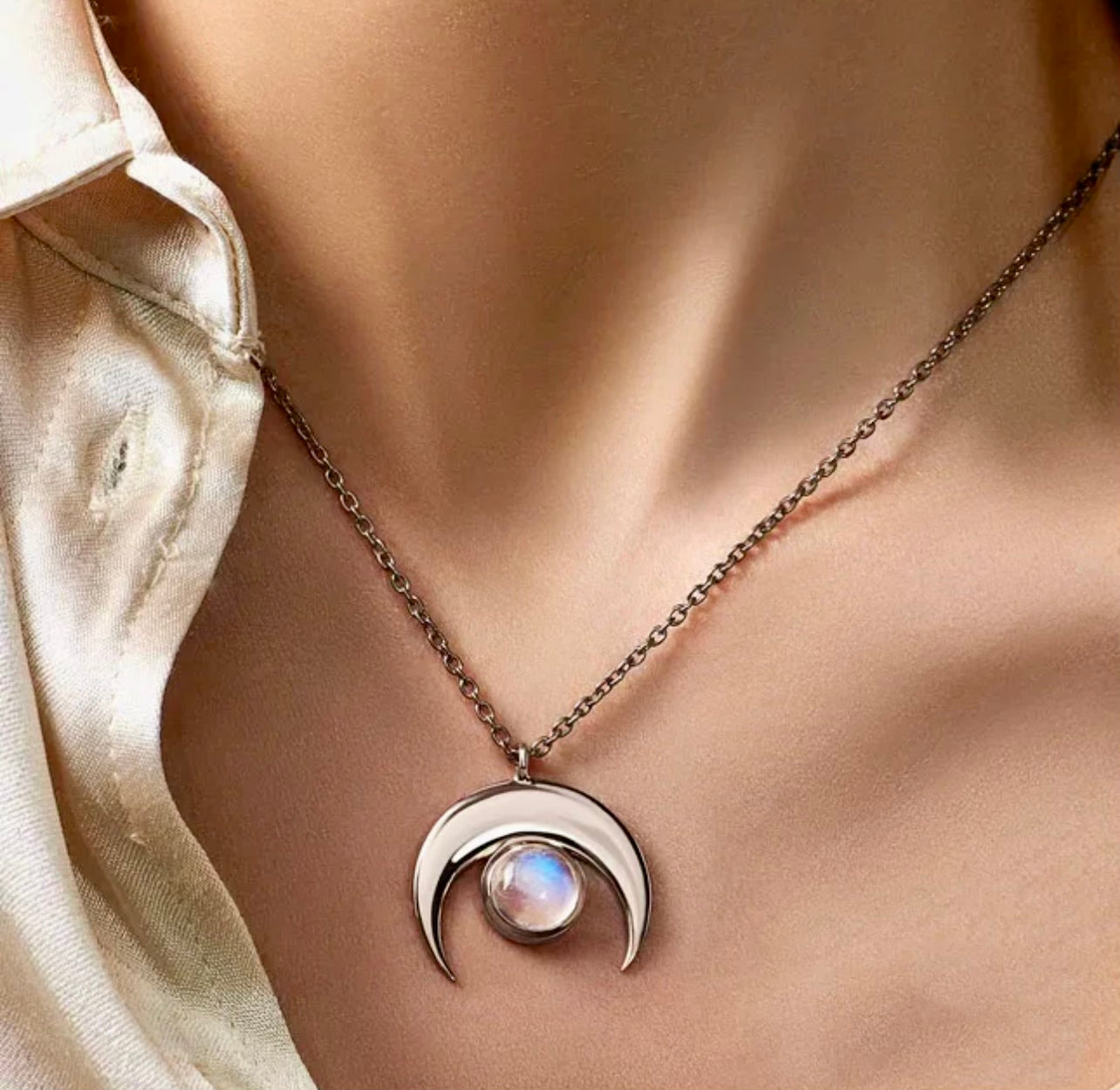 Crescent Moon necklace with Natural Moonstone crystal